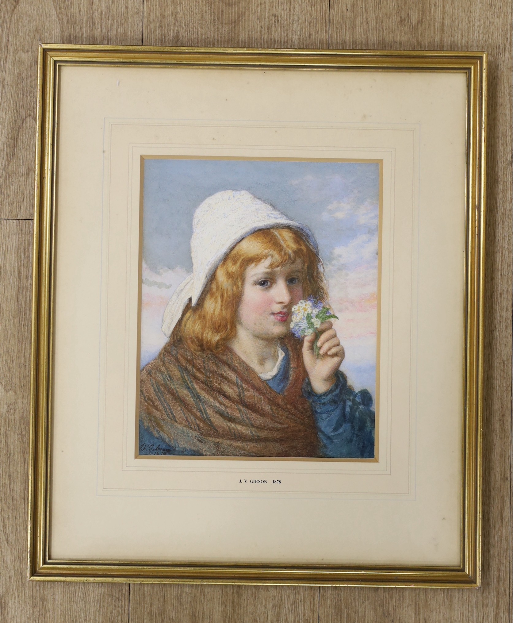 Joseph Vincent Gibson (fl.1861-1888), watercolour, Young woman with a bouquet, signed and dated 1878, 28 x 22cm